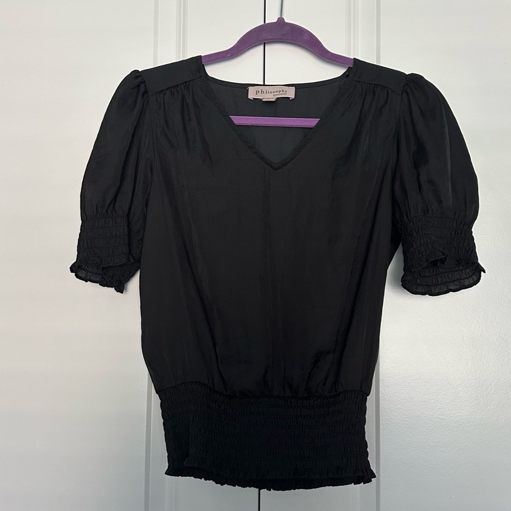 Philosophy silky smocked short sleeve blouson blouse black xs work office